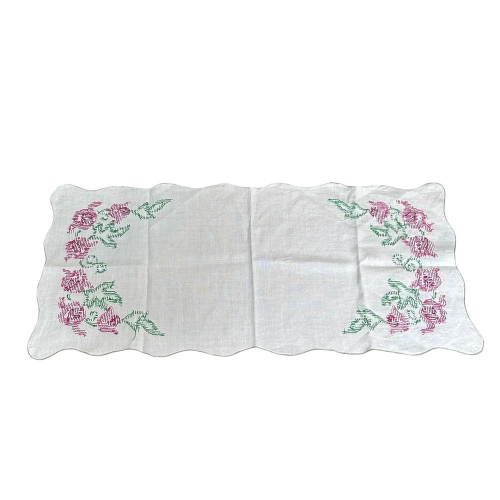 Vintage Hand Embroidered Floral Table Runner White Pink Green Gray Scalloped 33